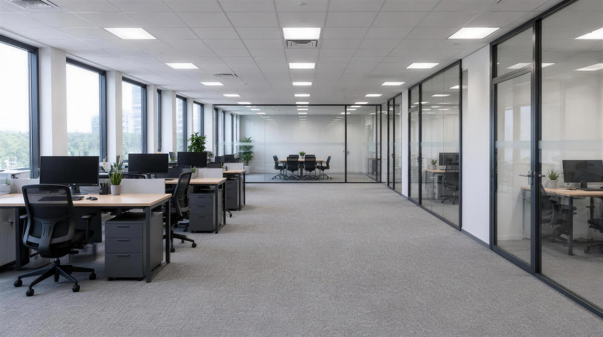 Après : le même espace avec des bureaux en cloisons aluminium vitrées
