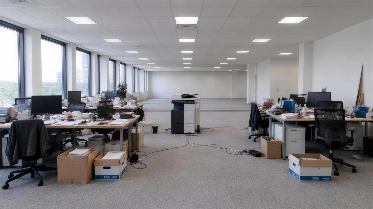 Avant : plateau ouvert désorganisé, postes de travail sans séparation